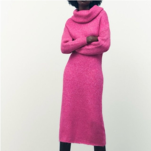 Zara Vibrant Pink Cowl Neck Sweater Dress - Picture 5 of 8